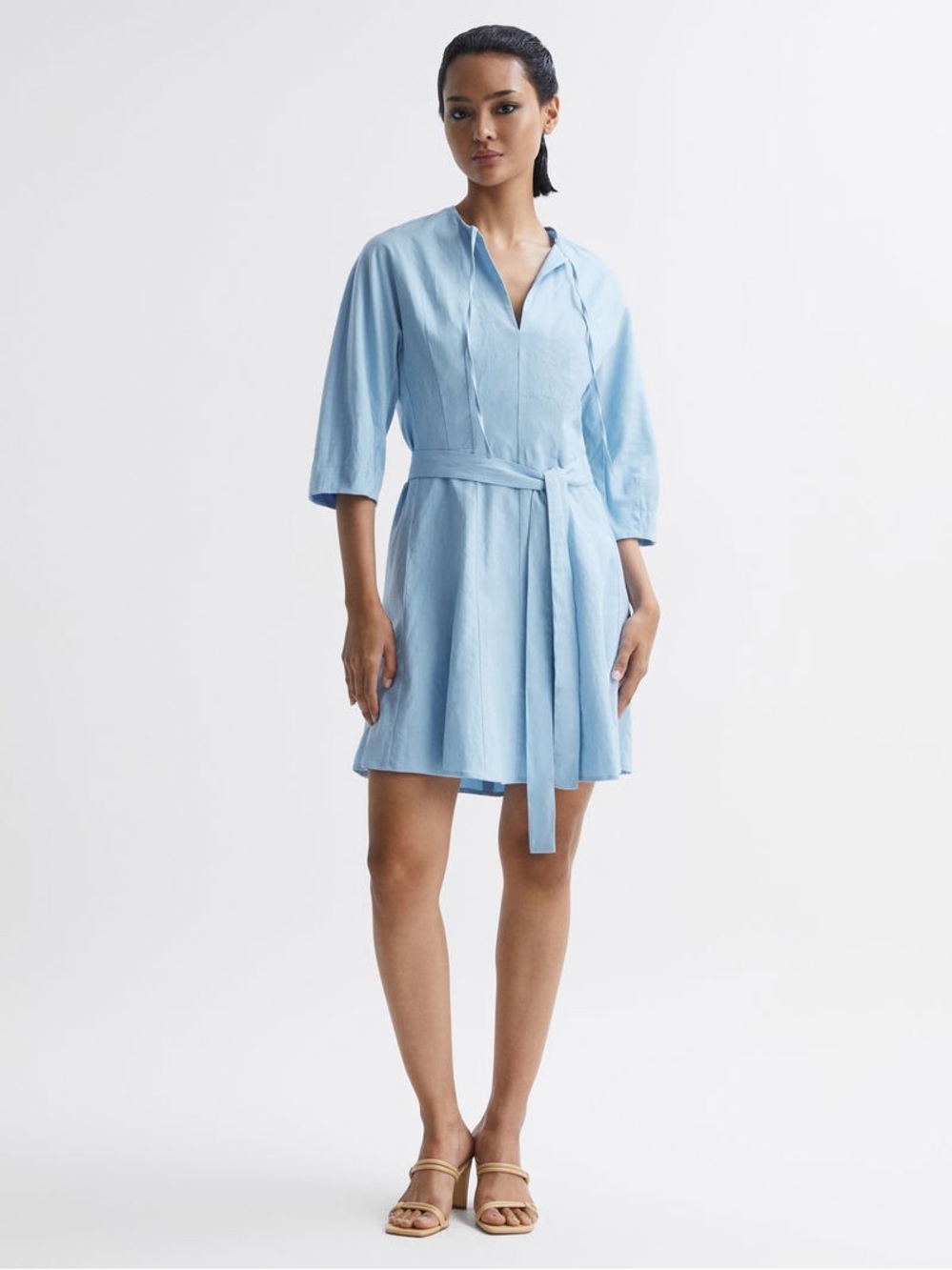 Reiss Sky Blue Midi Dress with Self-Tie Waist